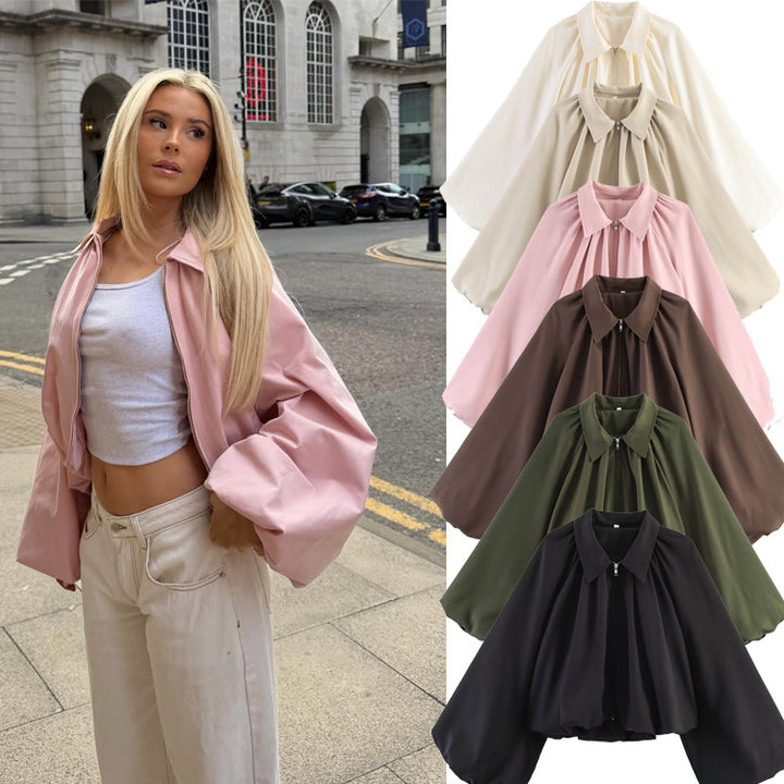 Women's short cape with voluminous sleeves, zipper and gathered hem Mune Fashion