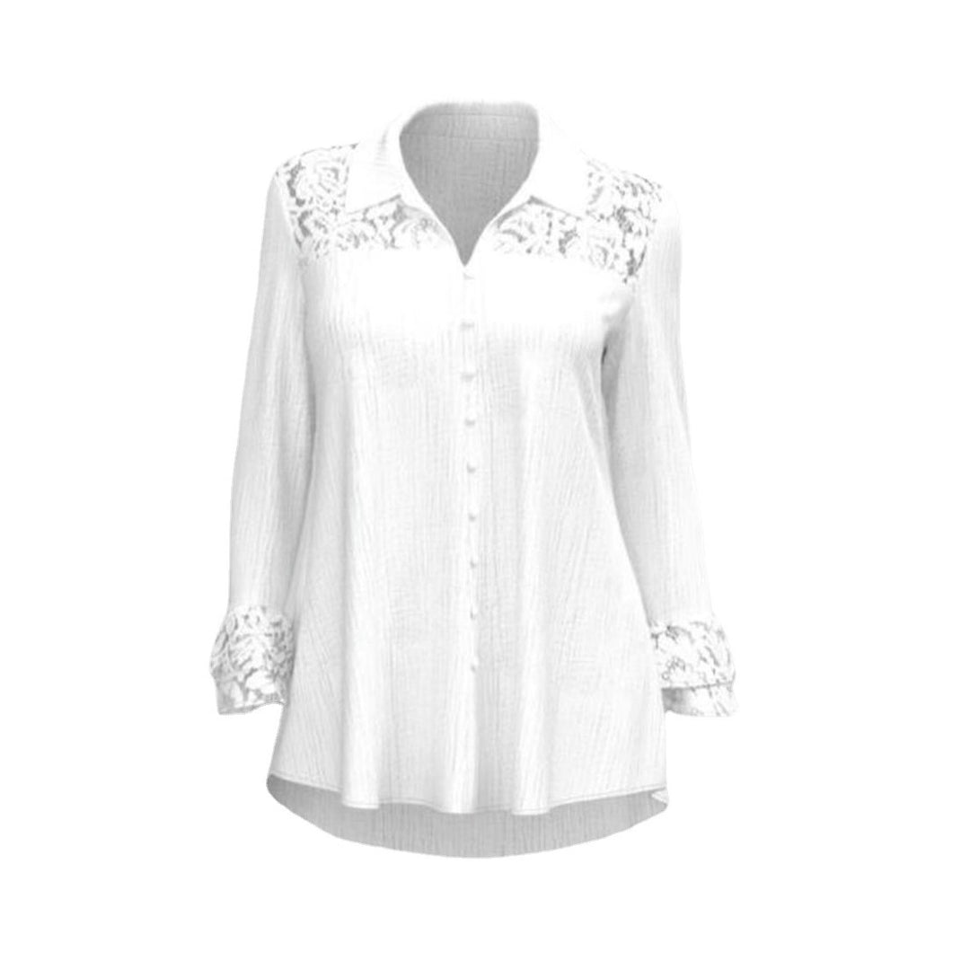 Ladies' semi-transparent crepe blouse with lace yoke, fabric-covered buttons, and three-quarter flounce sleeves Mune Fashion