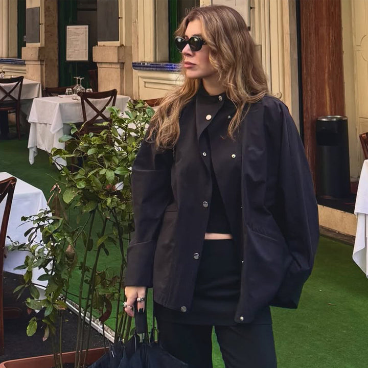 Women's oversized shirt jacket with stand collar, boxy silhouette and snap button placket Mune Fashion