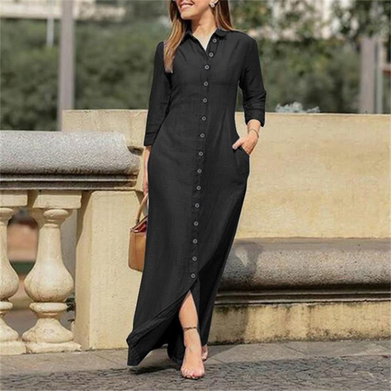 Women's maxi dress shirt dress with button placket and side pockets Drune
