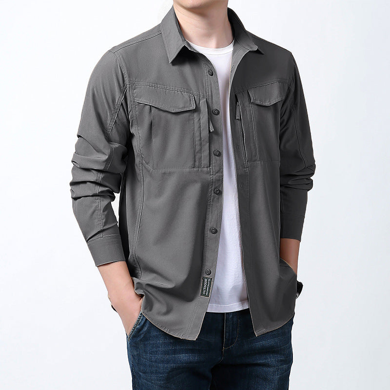 Men's light utility shirt jacket with chest flaps, zip pocket and stretchy functional fabric Mune Fashion