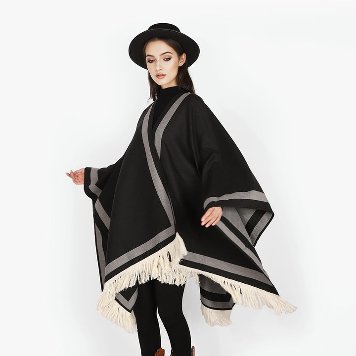 Women's Quilted Oversized Cape Poncho in Kimono Cut with Contrast Trim and Fringe Hem Mune Fashion