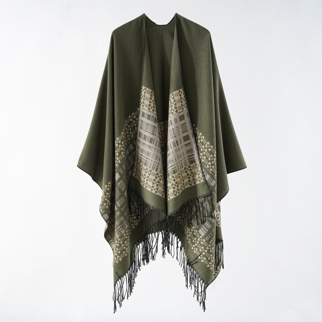 Women's wool blend shoulder poncho with jacquard pattern and fringe hem Mune Fashion