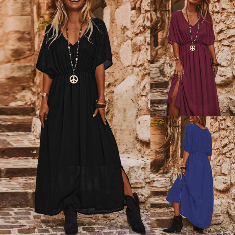 Women's Long Boho Maxi Dress with V-Neck, Wide Batwing Sleeves and High Slit Drune