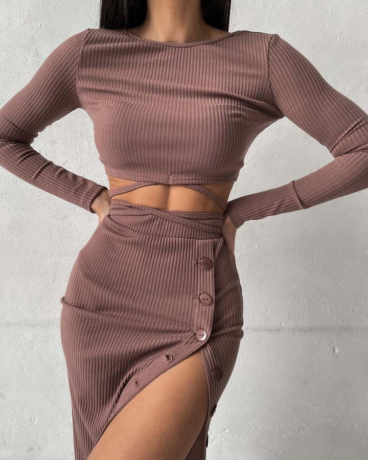Women Ribbed Two-Piece Set with Cropped Long Sleeve Top, Wrap Band and Waist Highlighting Button Midi Skirt Mune Fashion