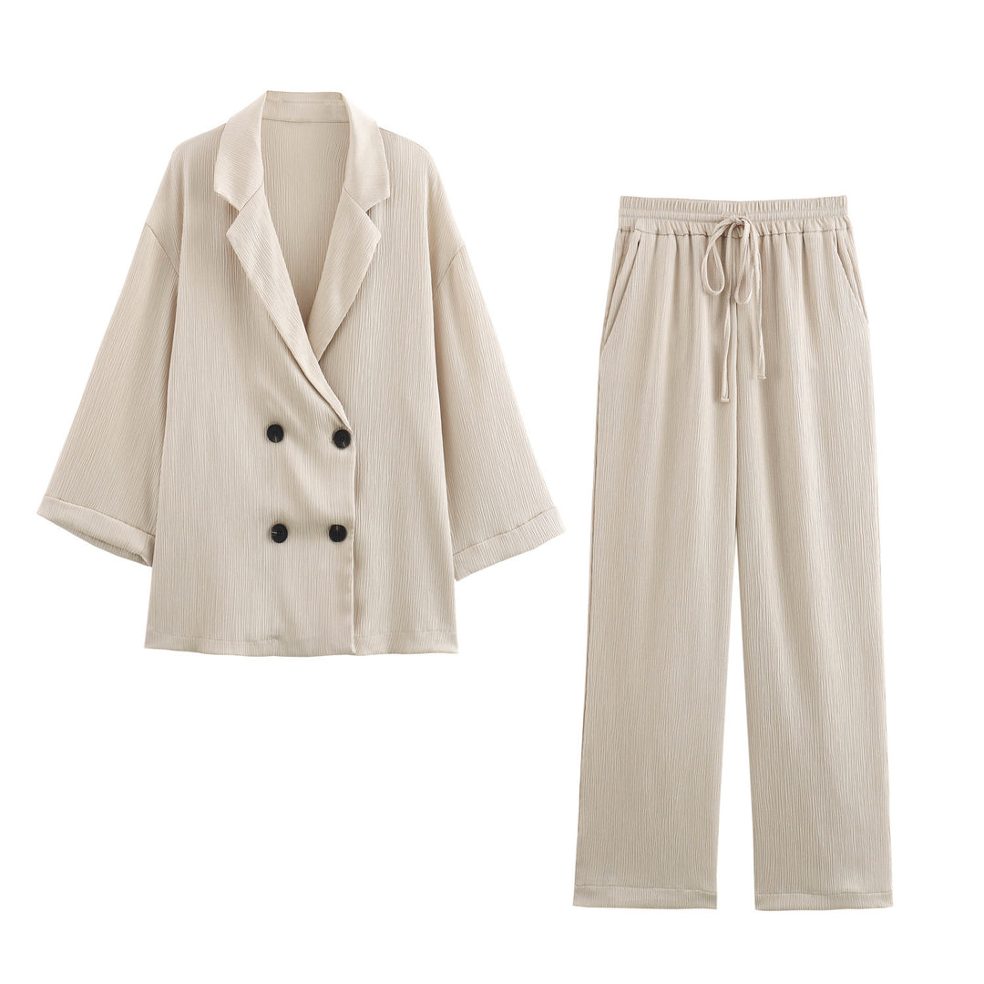 Ladies Oversized Double-Breasted Blazer with Pleated Structure and Three-Quarter Sleeves Mune Fashion