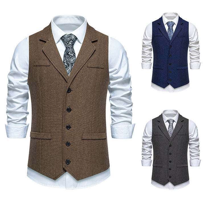 Men's tailored herringbone vest with lapel collar and classic button placket Mune Fashion