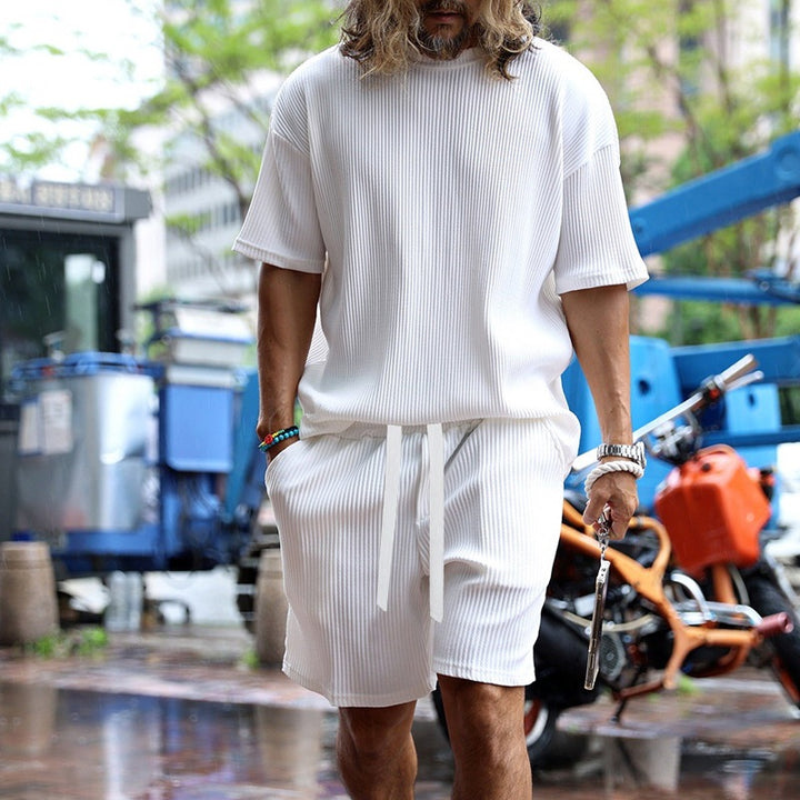 Men's casual waffle jersey set with loose top and drawstring shorts Mune Fashion
