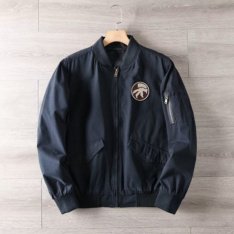 Men's Casual Bomber Jacket with Zipper, Chest Patch and Sleeve Pocket Detail Mune Fashion