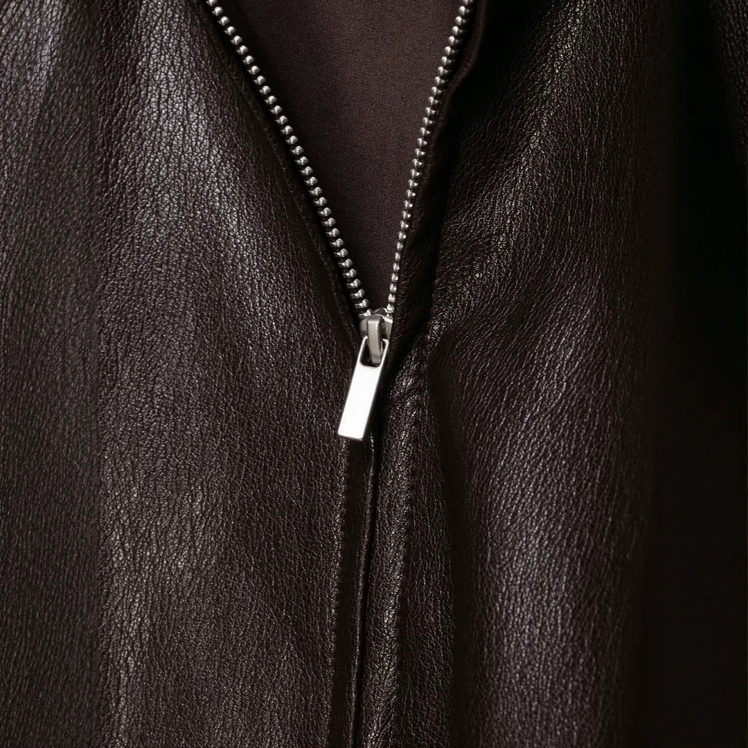Women's Oversize Jacket in Leather Look with High Funnel Collar, Raglan Sleeves and Drawstring Hem Mune Fashion