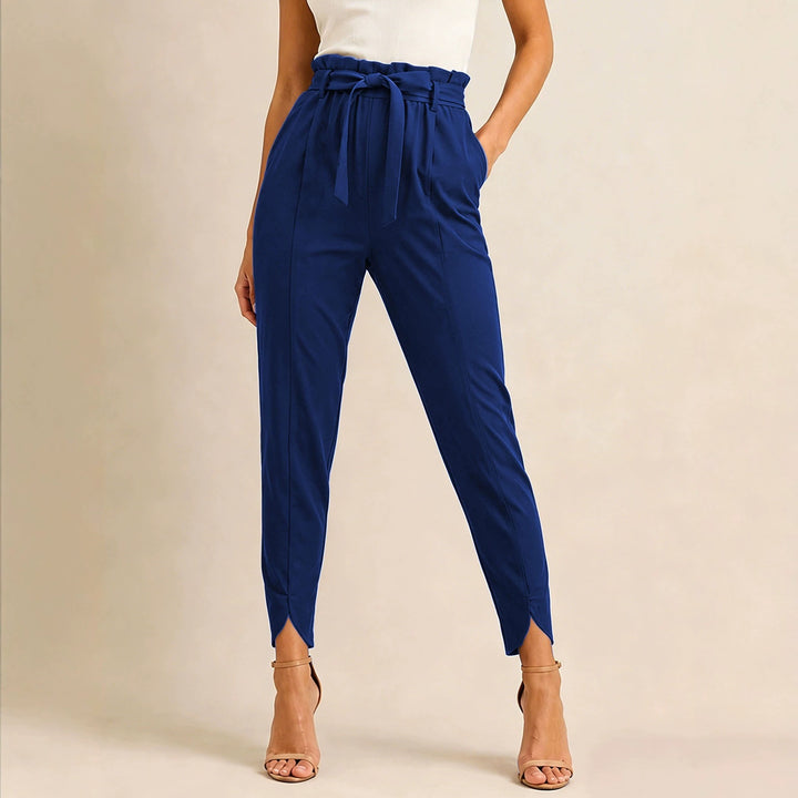 Women's high-waisted paperbag pants with tie belt and slit ankle hem Mune Fashion