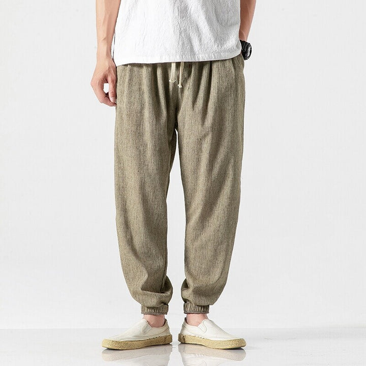 Men's Casual Linen Blend Jogging Pants with Drawstring, Ribbed Textured Fabric and Elastic Cuffs Mune Fashion