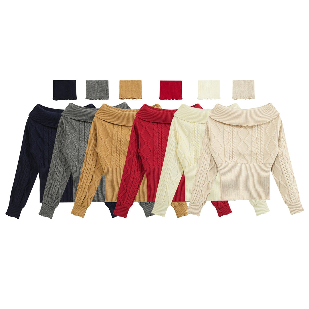 Women's Off-Shoulder Cable Knit Sweater with Wide Ribbed Cuff and Folded Collar Mune Fashion