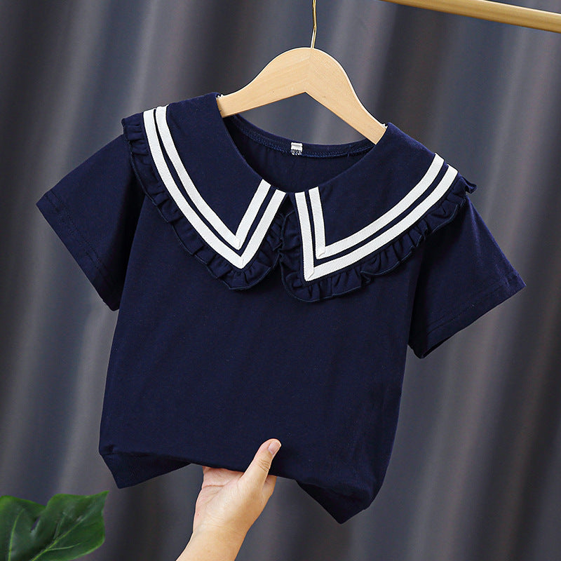 Girl T-shirt with elegant sailor collar and ruffle details Mune Fashion