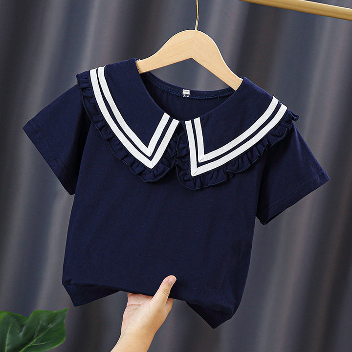 Girl T-shirt with elegant sailor collar and ruffle details Mune Fashion