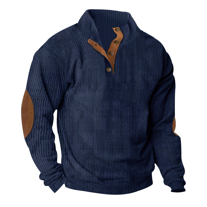 Men's Waffle Knit Henley Sweater with Stand-Up Collar and Elbow Patches Mune Fashion