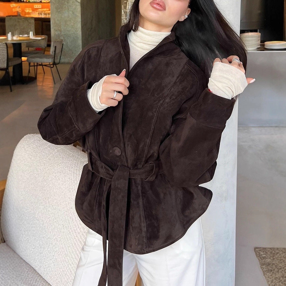 Women Velvet Leather Jacket with Shawl Collar and Tie Belt Mune Fashion