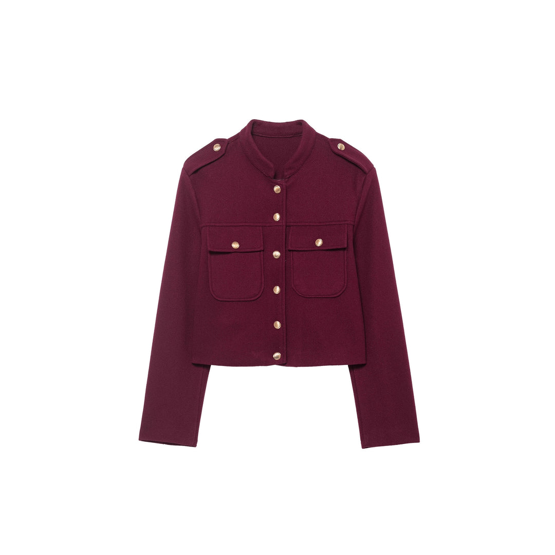 Women's Short Cut Military Inspired Wool Jacket with Stand-Up Collar, Epaulettes and Gold Button Details Mune Fashion
