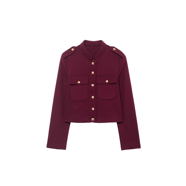 Women's Short Cut Military Inspired Wool Jacket with Stand-Up Collar, Epaulettes and Gold Button Details Mune Fashion