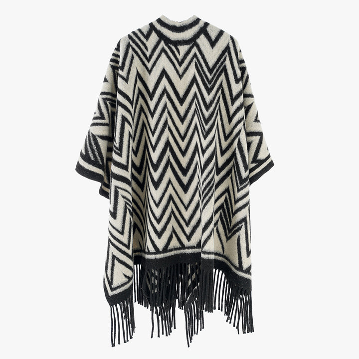 Ladies Large Fringe Poncho in Oversize Cape with Geometric Zigzag Jacquard Mune Fashion