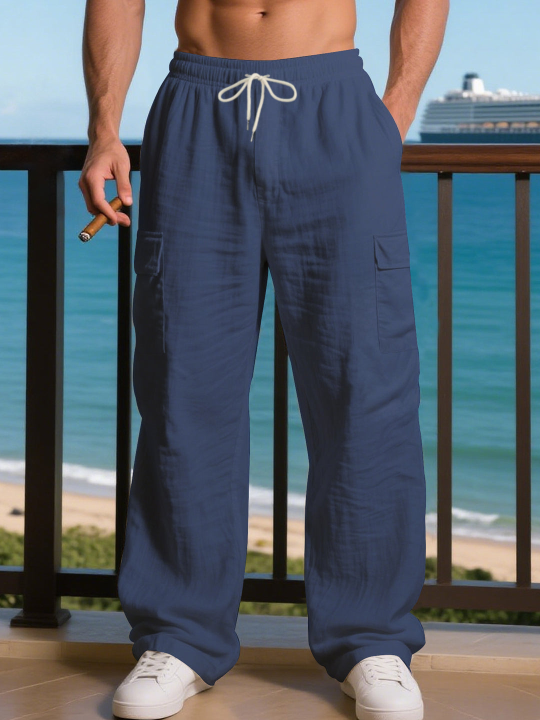 Men's Loose Linen Cargo Casual Pants with Drawstring Waist and Side Patch Pockets Mune Fashion