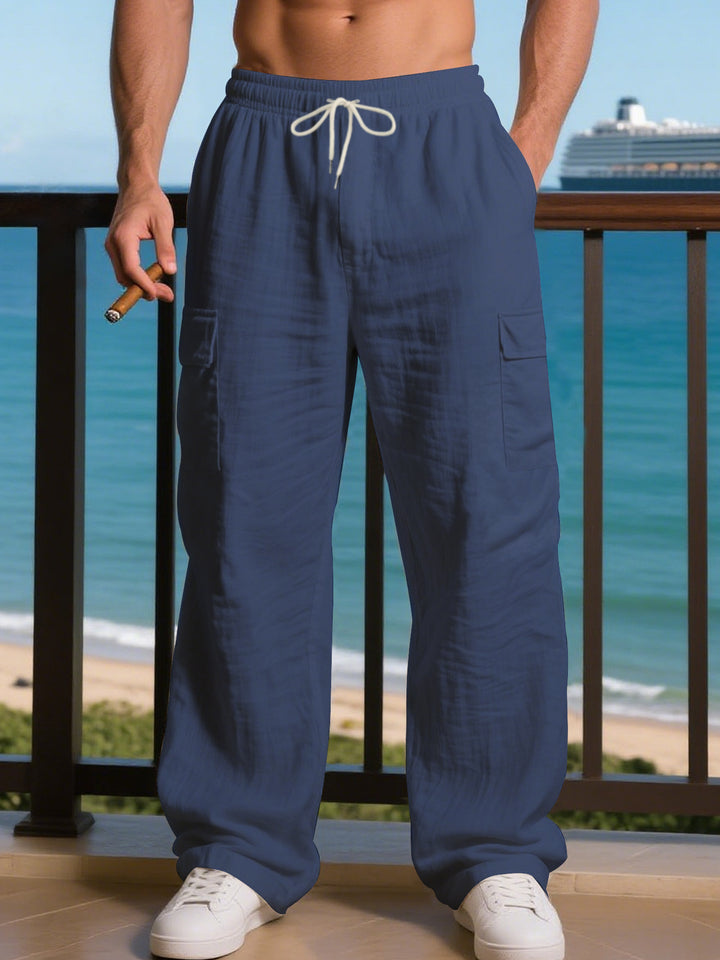 Men's Loose Linen Cargo Casual Pants with Drawstring Waist and Side Patch Pockets Mune Fashion
