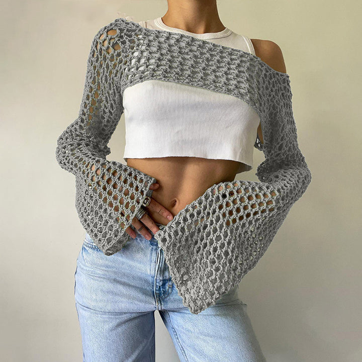 Women's Crocheted Long Sleeve Top with Off-Shoulder Design Mune Fashion