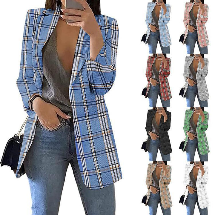 Women's tailored check blazer longline with structured shoulder area and open front Mune Fashion