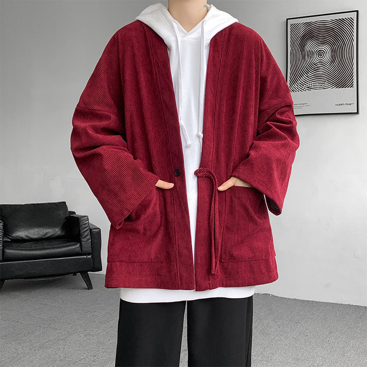 Men's oversized cord kimono cardigan with drawstring, patch pockets and drop sleeves Mune Fashion