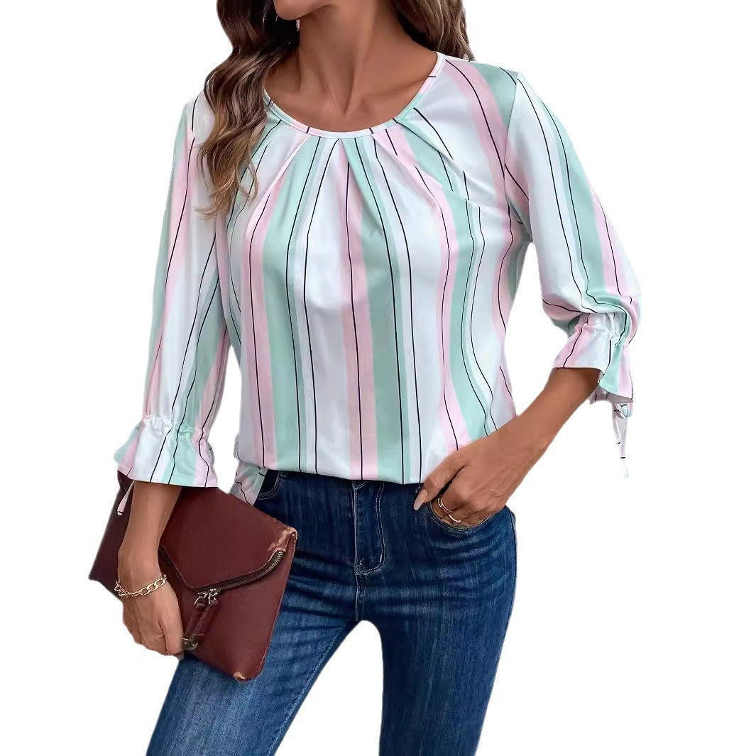 Women's lightweight striped blouse with round neckline and three-quarter sleeves with bow ties Mune Fashion