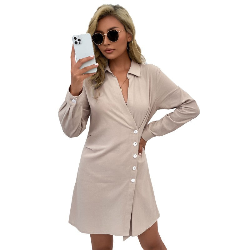 Women's Long Sleeve Wrap Shirt Dress made of Jersey with Asymmetric Button Placket Mune Fashion