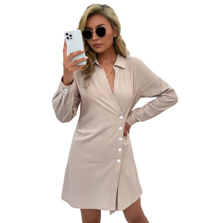 Women's Long Sleeve Wrap Shirt Dress made of Jersey with Asymmetric Button Placket Mune Fashion