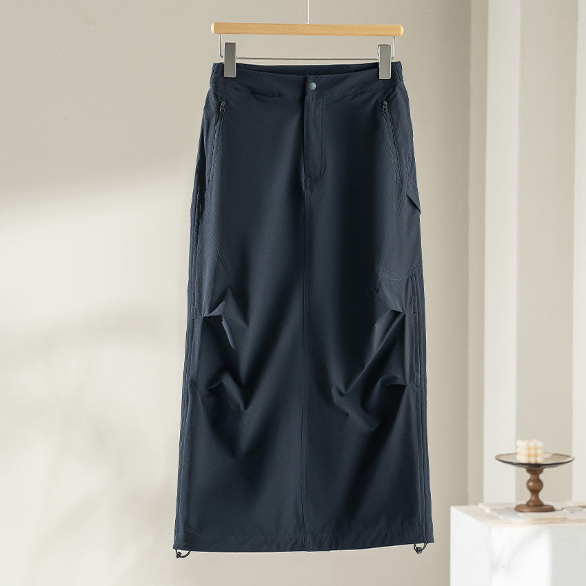 Women Technical Cargo Midi Skirt with Drawstring Hem and Zipper Pockets Mune Fashion