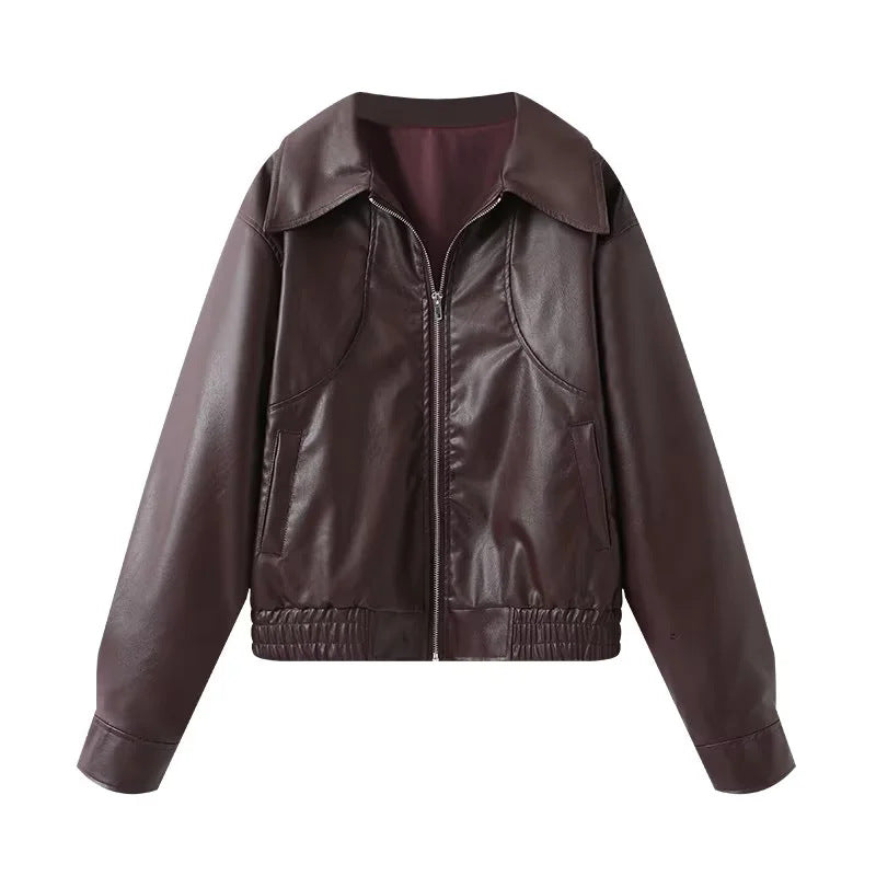 Women's short faux leather jacket in bomber style with shirt collar and elastic waistband Mune Fashion