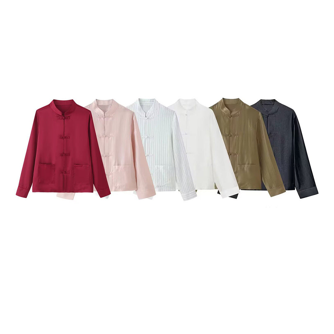 Women Mandarin Jacket with Standing Collar and Chinese Toggle Closures Mune Fashion