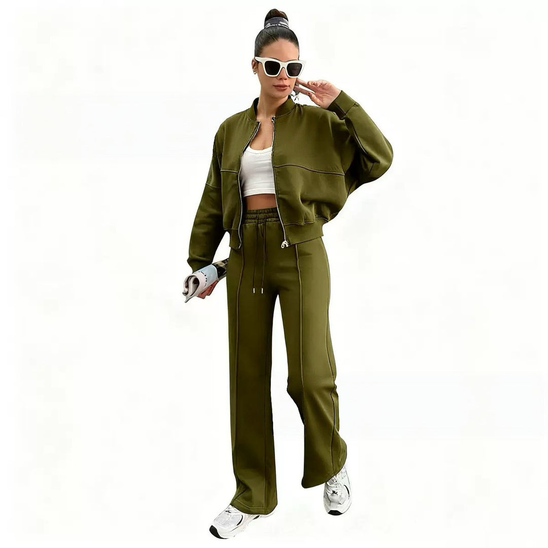 Women’s cropped bomber jacket with zipper and loose high-waist joggers set Mune Fashion