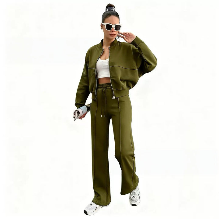Women’s cropped bomber jacket with zipper and loose high-waist joggers set Mune Fashion