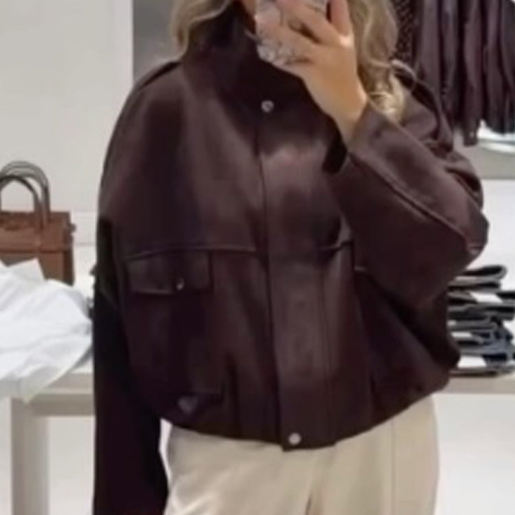 Women's Oversized Cropped Faux Leather Jacket with Stand Collar and Flap Pockets Mune Fashion