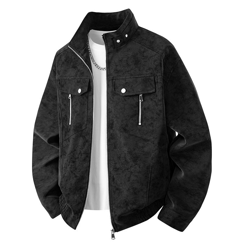 Men's velvet imitation transitional bomber-style jacket with stand-up collar, press stud fastening & elastic cuffs.