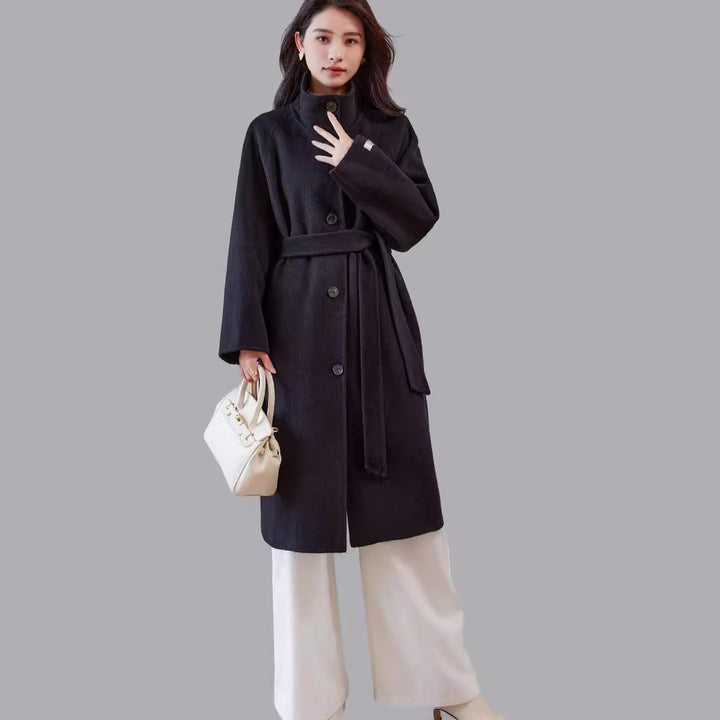 Women's Oversized Wool Coat with Stand-up Collar and Waist Belt Mune Fashion
