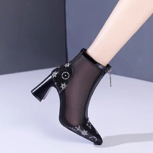 Women Elegant Mesh Ankle Boots with Block Heel Mune Fashion