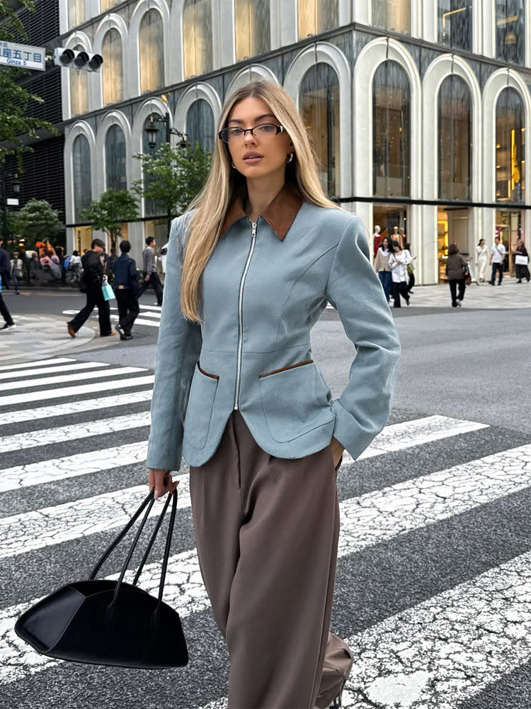 Women's Fitted Velvet Blazer with Zipper and Contrast Collar Mune Fashion