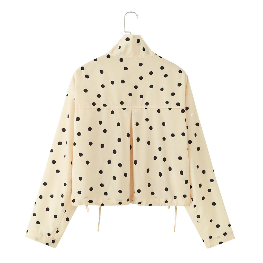 Women Polka Dot Cropped Blouson Jacket with Stand Collar and Drawstring Mune Fashion