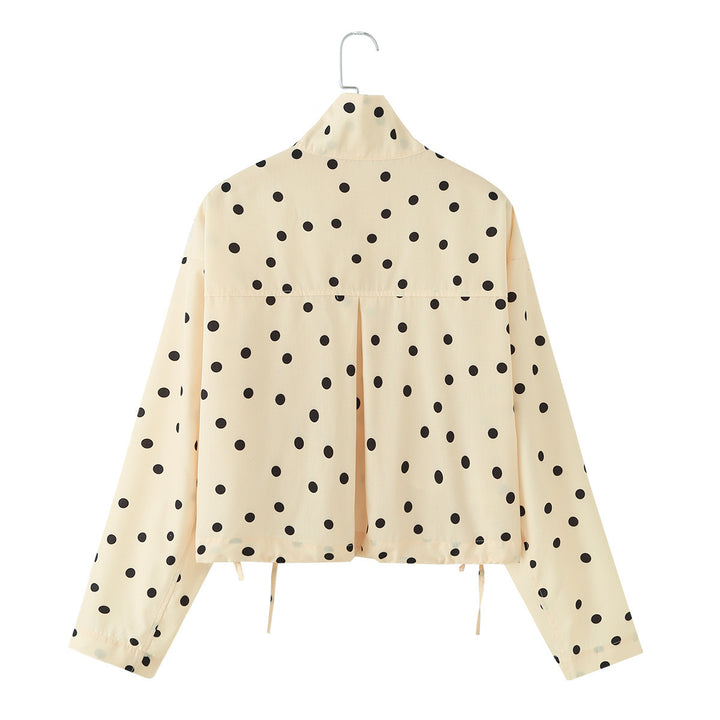 Women Polka Dot Cropped Blouson Jacket with Stand Collar and Drawstring Mune Fashion