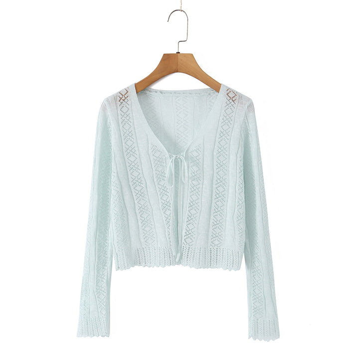 Women's Lightweight Crocheted Short Cardigan with V-Neck, Tie Band and Lace Pattern Mune Fashion