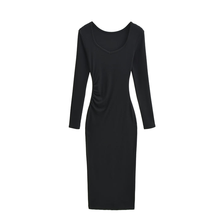 Women's Fitted Midi Dress with Side Ruching and Double Neckline Mune Fashion