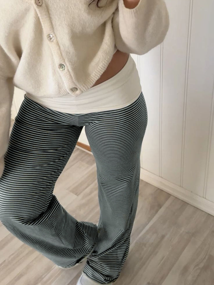 Women's lounge pants with high foldover waistband, wide leg, and fine stripe pattern Mune Fashion