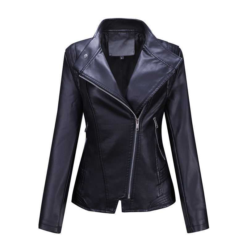 Women fitted biker jacket made of faux leather with asymmetrical zipper and fitted cut Mune Fashion