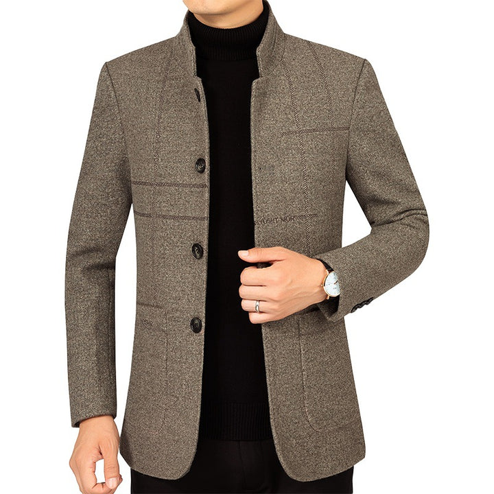 Men's Short Blazer in Suit Style with Stand Collar and Textured Wool Blend Mune Fashion