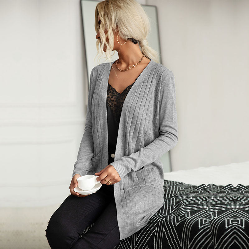 Women's Long Fine Knit Cardigan with Ribbed Structure and Side Pockets Mune Fashion